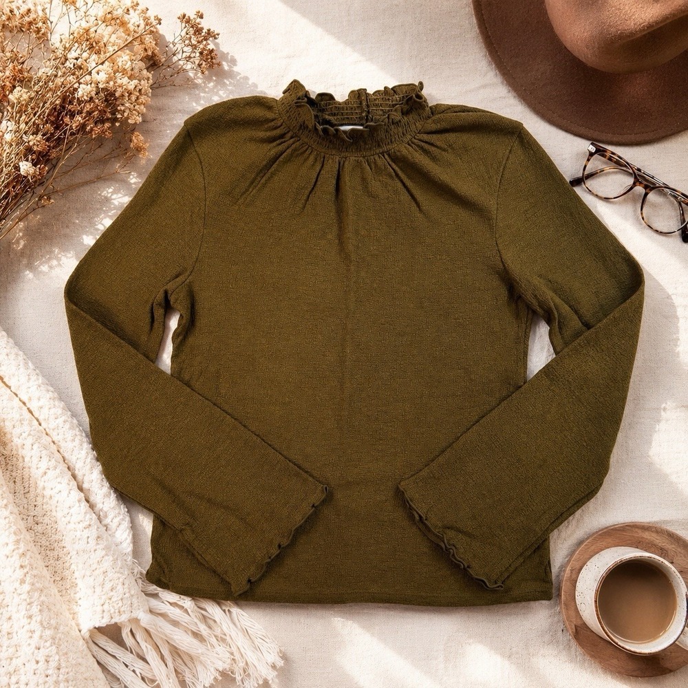 Madewell Texture & Thread Smocked Mock Neck Bell Sleeve AF978 Olive Brown M NEW